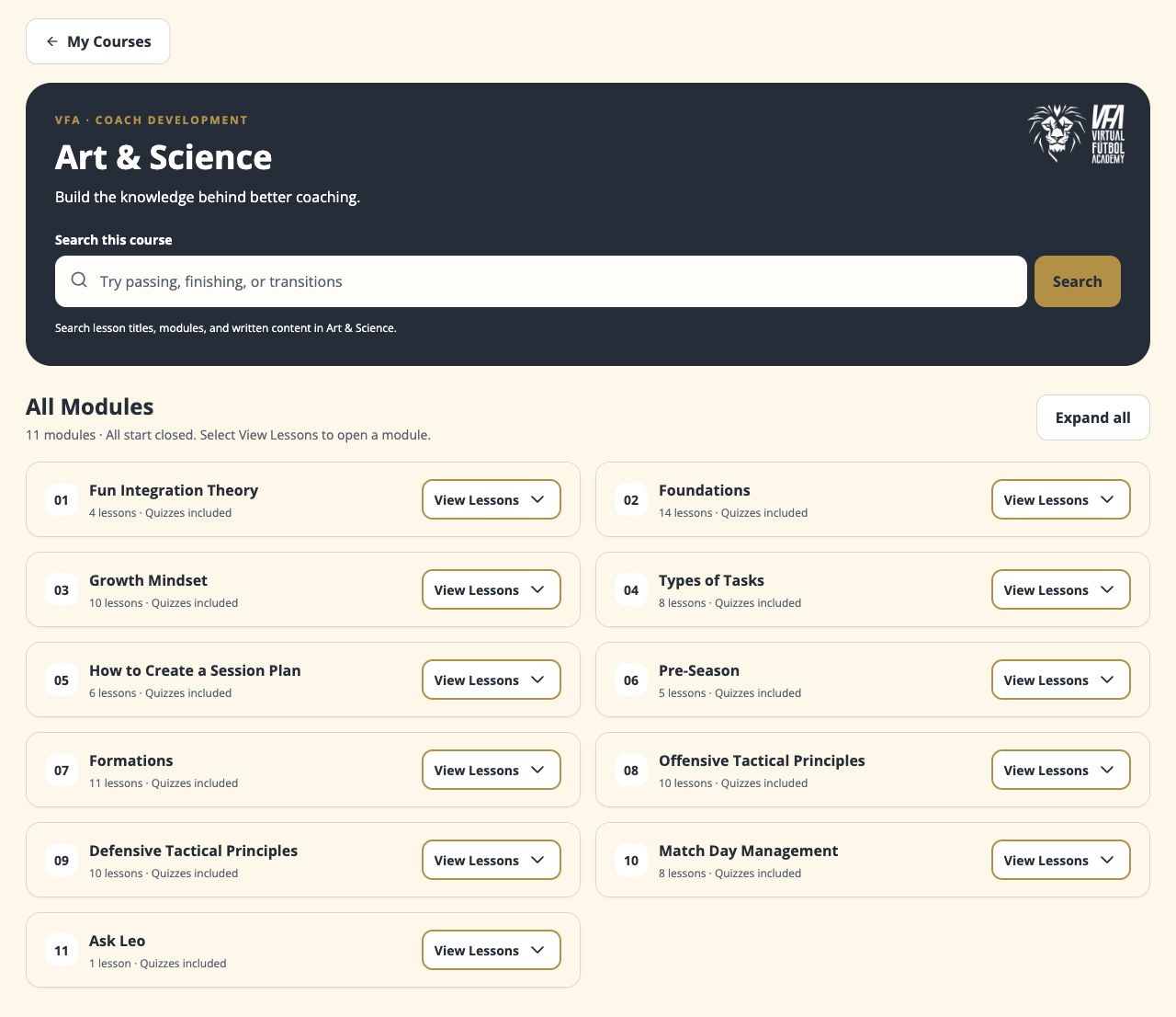 Actual Art & Science course module list, from Fun Integration Theory and Foundations to tactical principles and Match Day Management, with lessons and matching quizzes.