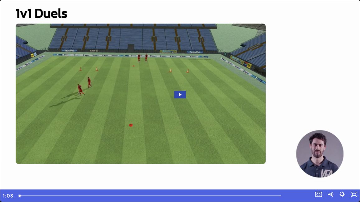 1v1 Duels coaching explanation with a tactical animation and an AI presenter.